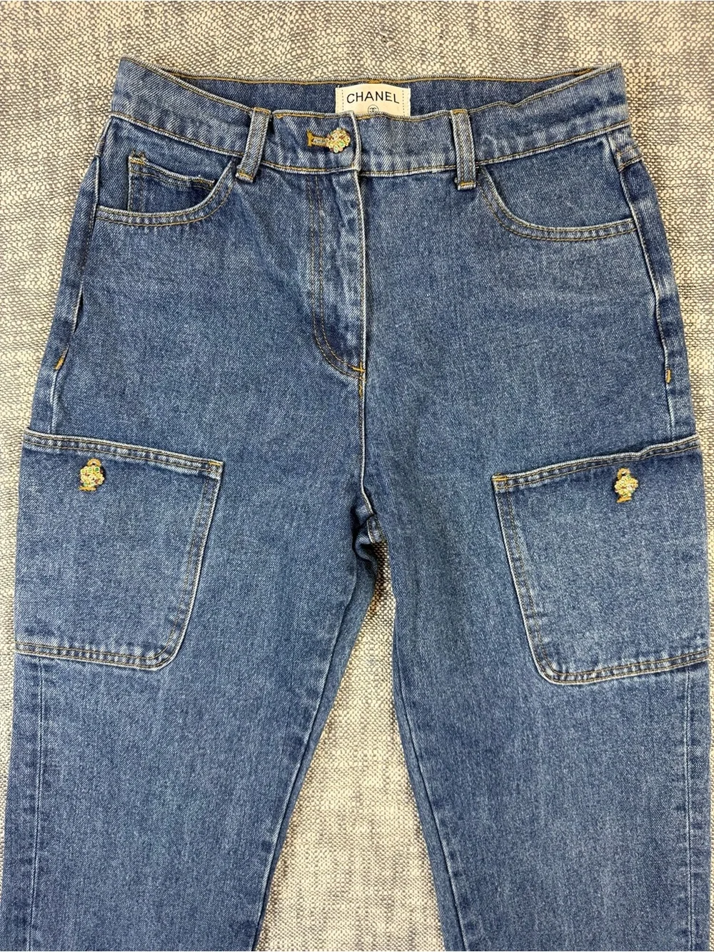 CHANEL High Rise 90s Denim Jeans with Gold CC Buttons rhinestones tapered gems